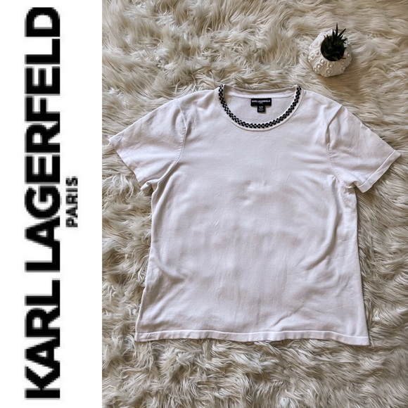 KARL LAGERFELD PARIS white knit t-shirt with black neck trim, XL - Picture 10 of 16